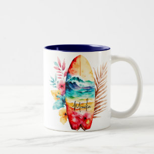Aquarellfarbenes Surfbrett in der Ozeanwelle Zweifarbige Tasse