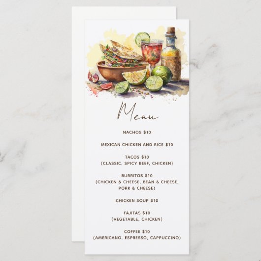 Aquarellfarbenes Tacos Fiesta Party. mexikanisches Menükarte (Vorne/Hinten)