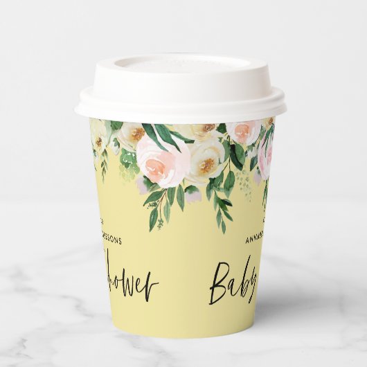 Aquarellfarbenlemon-Rosa-Blumenschrift Pappbecher (Links)