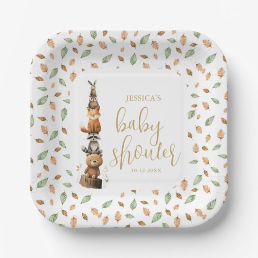 Aquarellfarbenneutrales Woodland Tier Babydusche Pappteller (Vorderseite)