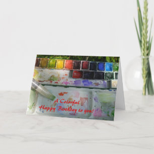 Aquarellfarbenpalette und Brush Happy Birthday Karte