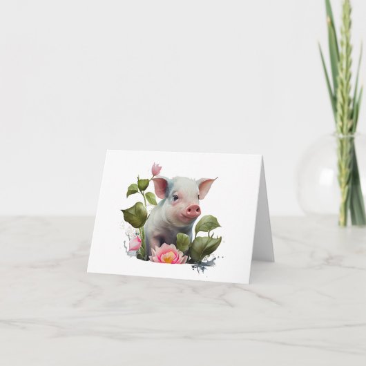 Aquarellfarbenpiglet mit Blume BLANK Karte (Vorderseite)