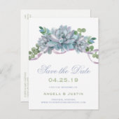Aquarellfärbung Echeveria Lila Ribbon Save the Dat Ankündigungspostkarte (Vorne/Hinten)