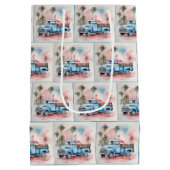 Aquarellfärbung Flamingo in blauem Retro-LKW Mittlere Geschenktüte (Rückseite)