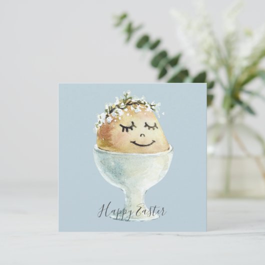 Aquarellfärbung Lächeln Ei in Cup Oster Karte (Stehend Vorderseite)