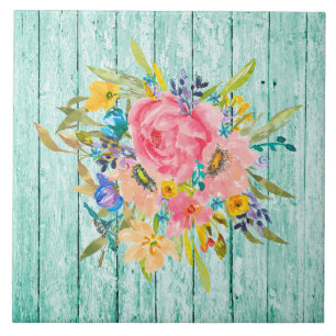 Aquarellfärbung Rose Blumenspray auf Chippy Aqua Fliese