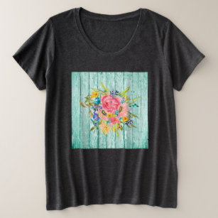 Aquarellfärbung Rose Blumenspray auf Chippy Aqua Große Größe T-Shirt