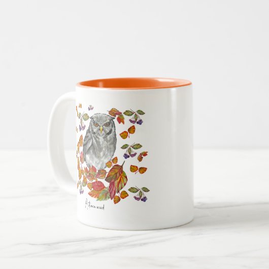 Aquarellfärbung schöne Eule und Blätter Kaffee mu Zweifarbige Tasse (Vorderseite Links)