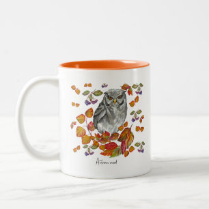 Aquarellfärbung schöne Eule und Blätter Kaffee mu Zweifarbige Tasse