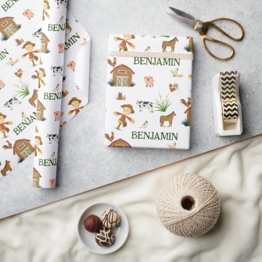 Aquarellfarm Geburtstags Tiere Individuelle Name Geschenkpapier (Kunsthandwerk)