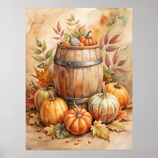 Aquarellfass mit Kürbissen Herbst Poster (Vorne)