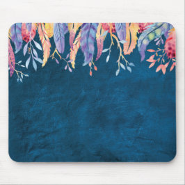 AquarellFedern auf blauem Leder Mousepad