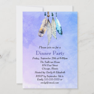 Aquarellfedern auf bläulicher Purpur Dinnerparty Einladung