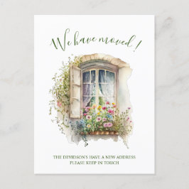 Aquarellfenster mit Blume Neue Zuhause bewegen und Postkarte