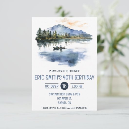 Aquarellfischerei, Berge, Lake Birthday Party Einladung (Stehend Vorderseite)