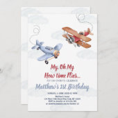 Aquarellflugzeug Wolken Junge 1. Geburtstag Einladung (Vorne/Hinten)