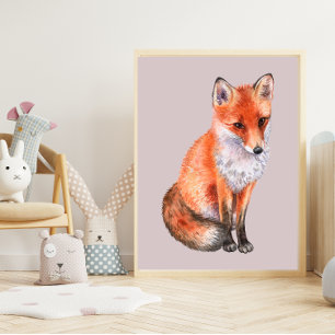Aquarellfox auf hellrosa Kinderzimmer Kunst, Dicht Poster