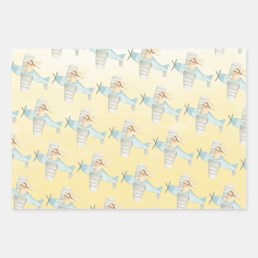 Aquarellfox Bunny & Mouse Flying Airplanes Geschenkpapier Set (Vorderseite 2)