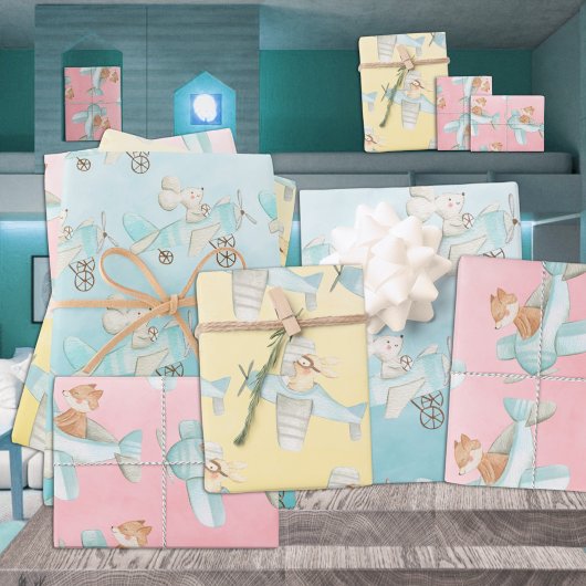 Aquarellfox Bunny & Mouse Flying Airplanes Geschenkpapier Set