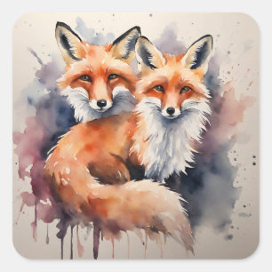 Aquarellfox Duo Quadratischer Aufkleber