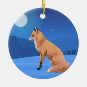 Aquarellfox und Moon Blue Night Weihnachtsbaum Keramik Ornament