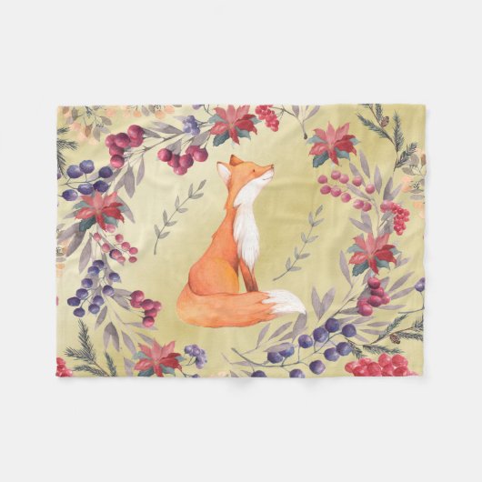 Aquarellfox-Winter-Beeren-Gold Fleecedecke (Vorderseite (Horizontal))