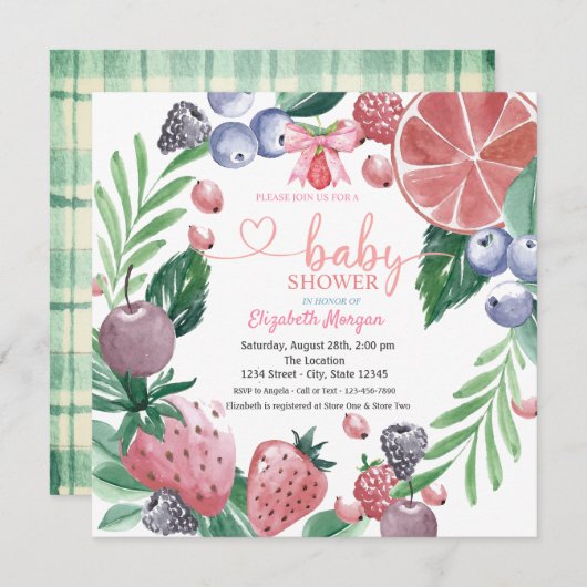 Aquarellfrüchte Berry Kariert Sweet Baby Dusche Einladung (Vorne/Hinten)