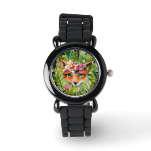 Aquarellfuchs-Blume und Grüne Blätter Armbanduhr