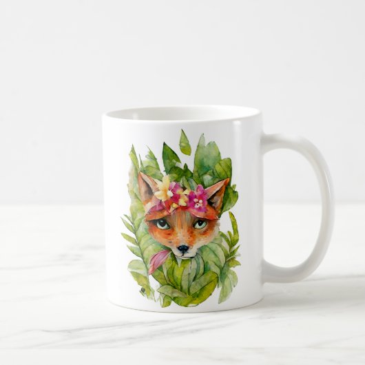 Aquarellfuchs-Blume und Grüne Blätter Kaffeetasse (Rechts)