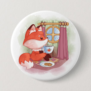 Aquarellfuchs mit Tee und Biskuits Button