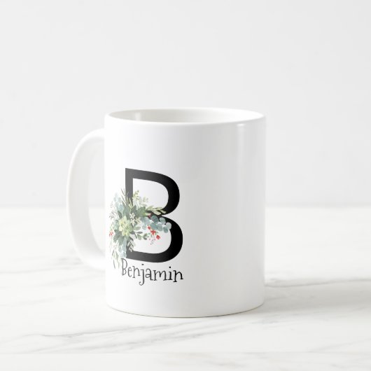 Aquarellgarten Blume Monogramm Schwarzer Kaffee Ta Kaffeetasse (Vorderseite Links)