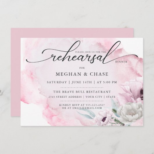 Aquarellgarten Blumenrosa Mohn Einladung (Vorne/Hinten)