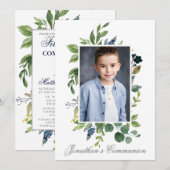 Aquarellgarten Foto Heiliger Kommunion Silver Einladung (Vorne/Hinten)