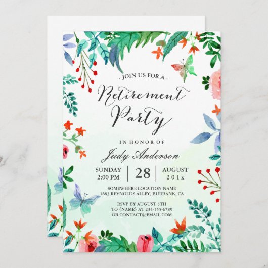 Aquarellgarten Grünpflanzen Blumenbesitz Party Einladung (Vorne/Hinten)