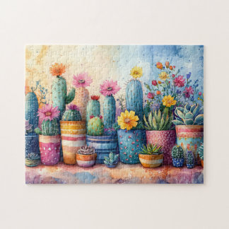 Aquarellgarten Kaktus und Blume Puzzle