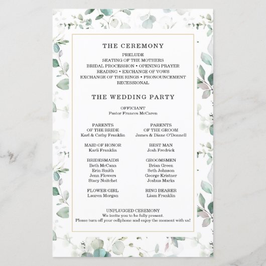 Aquarellgarten mit Gold-Hochzeitsprogramm (Rückseite)