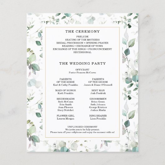 Aquarellgarten mit Gold-Hochzeitsprogrammen Flyer (Hinten)