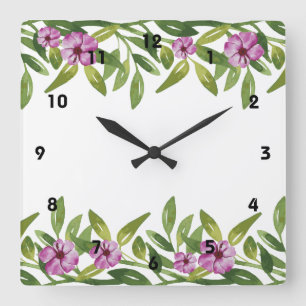 Aquarellgarten mit Grünpflanzen & violetten Blumen Quadratische Wanduhr
