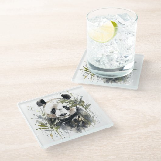 Aquarellgarten Panda Glasuntersetzer (Schrägansicht)