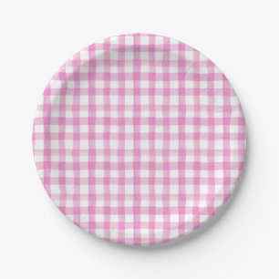 Aquarellgarten Party Pink Gingham Pappteller