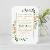 Aquarellgarten Peach Rose Hochzeit Gold Einladung (Stehend Vorderseite)