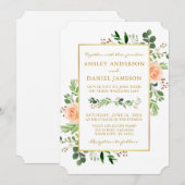 Aquarellgarten Peach Rose Hochzeit Gold Einladung (Vorne/Hinten)
