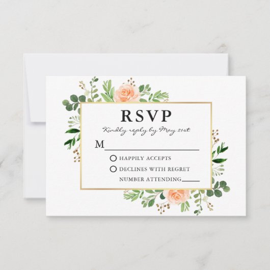 Aquarellgarten Peach Rose Hochzeit RSVP Karte (Vorderseite)