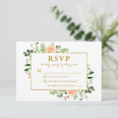 Aquarellgarten Peach Rose Wedding Gold RSVP Karte (Stehend Vorderseite)