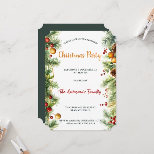 Aquarellgarten Pine & Berries Weihnachts-Party Einladung (Vorderseite/Rückseite Beispiel)