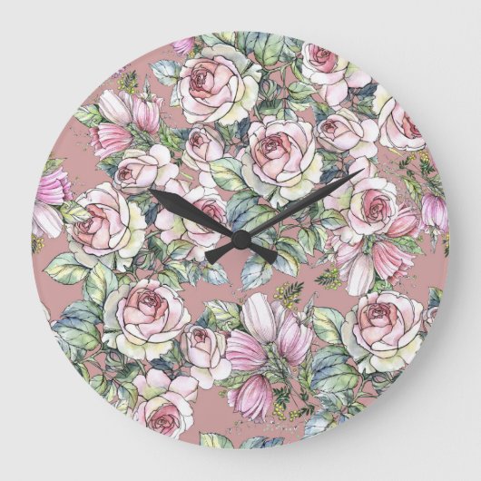 Aquarellgarten: Rose Tulip Elegance. Große Wanduhr (Vorderseite)