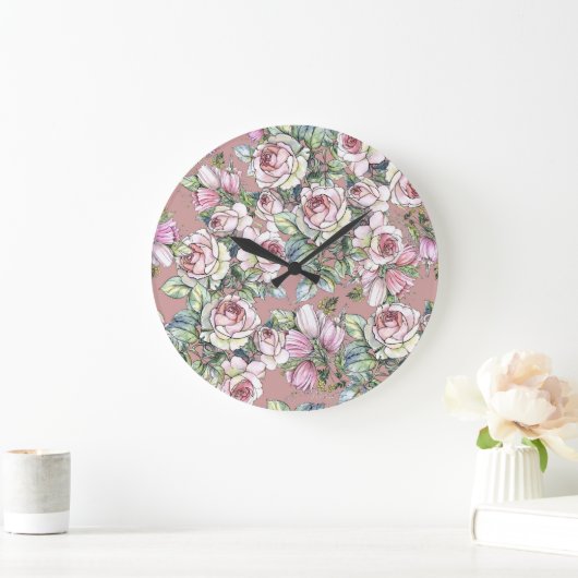 Aquarellgarten: Rose Tulip Elegance. Große Wanduhr (Zuhause)