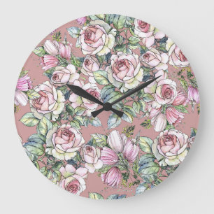 Aquarellgarten: Rosen-Tulpen-Eleganz. Große Wanduhr