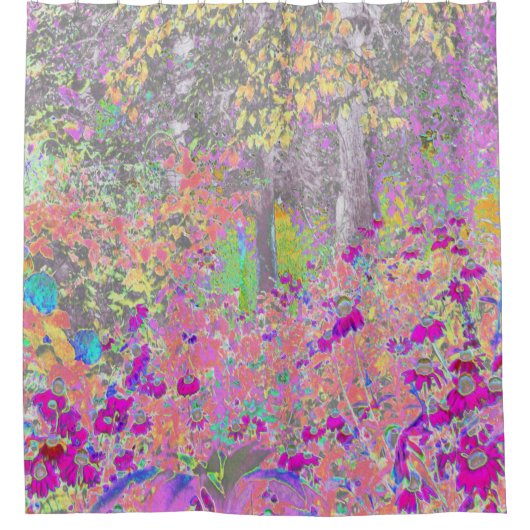 Aquarellgarten Sonnenaufgang mit violetten Blumen Duschvorhang (Vorderseite)