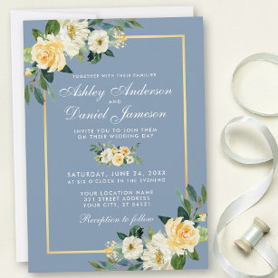 Aquarellgelbe blaue Blütenblüte Hochzeit Einladung